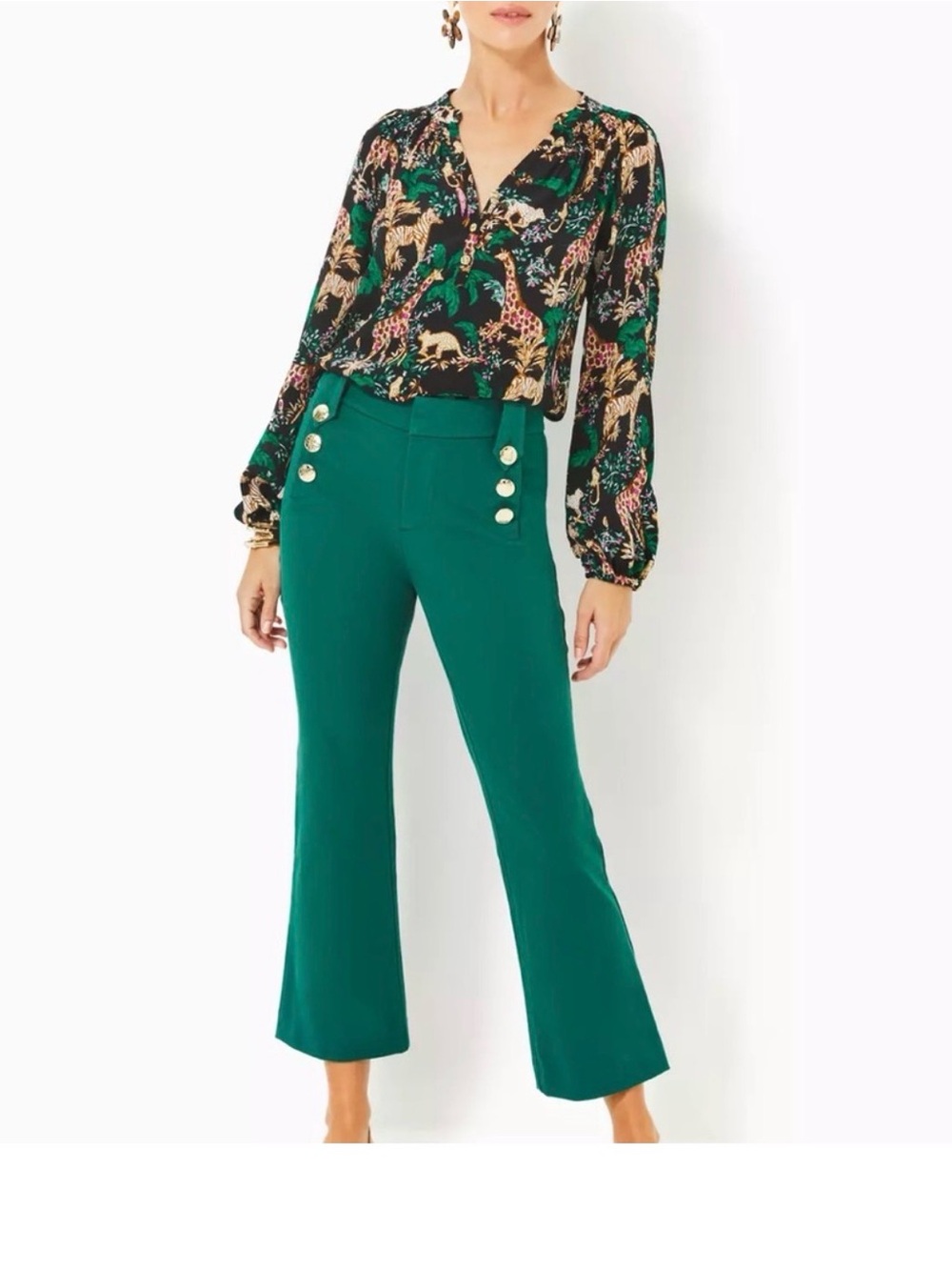 Lilly Pulitzer Green Parrish Stretch Crop Flare Pants Gold Buttons.SIZE 8